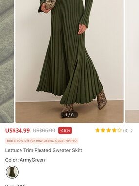 Commense Olive Green Pleated Knit Maxi Skirt
